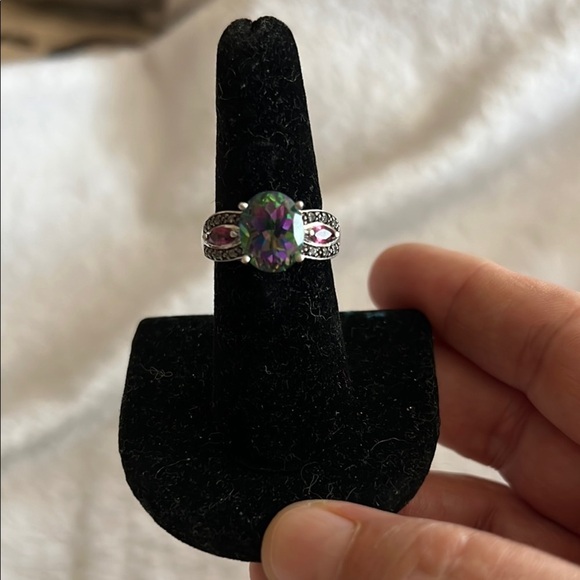 Jewelry - Stunning Mystic Topaz & Pink Gemstone Silver Ring – Vintage-Inspired Statement
